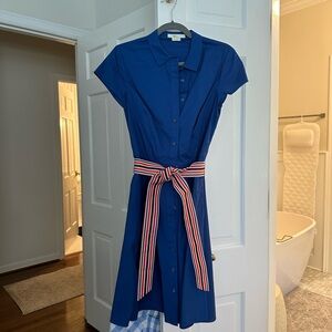 Royal blue Boden dress with striped sash.